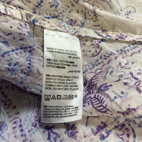 CHICOS Dress Shirt Tunic Purple White Paisley Floral Button Down Blouse Medium - Picture 14 of 16